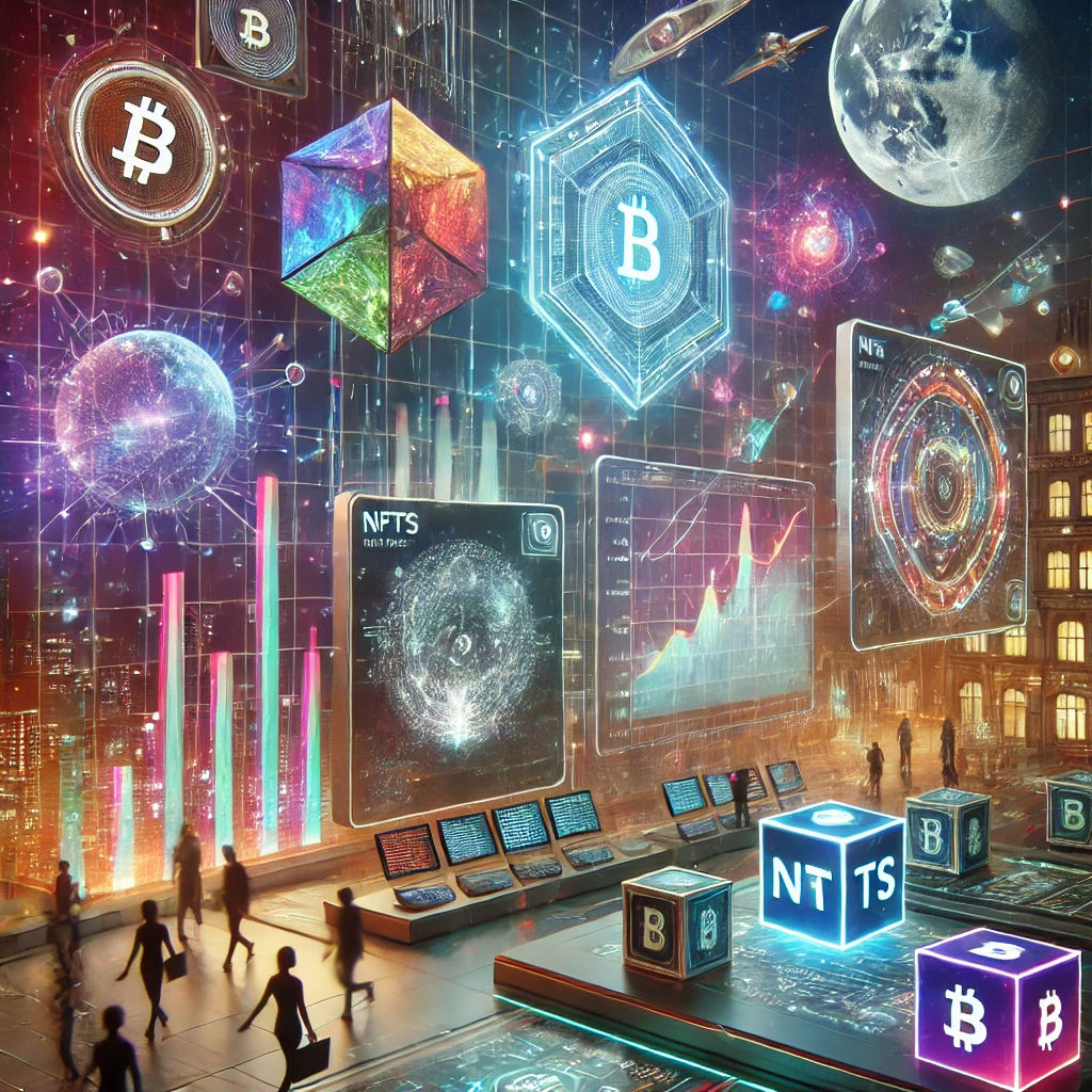 Galería NFT con visualizaciones holográficas de Bitcoin y tokens